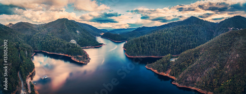 Beautiful Cethana lake and surrounding forest aerial panorama. Cethana, Tasmania, Australia