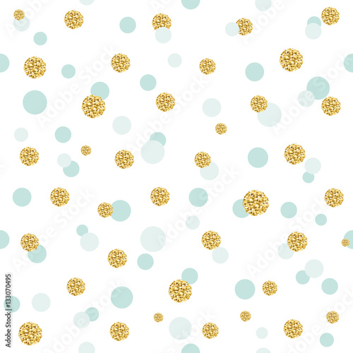 Glitter confetti polka dot seamless pattern background. Golden and pastel blue trendy colors. For birthday and scrapbook design.
