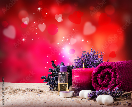 spa massage setting, lavender product, oil on wooden background, Valentine day background, 