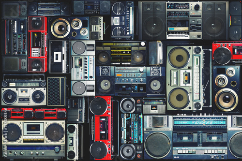 Vintage wall full of radio boombox of the 80s