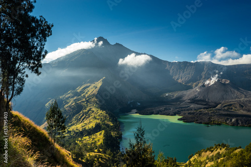 Crater Lake and Summit. View of crater lake and summit, volcano "Gunung Rinjani", Lombok, Indonesia.