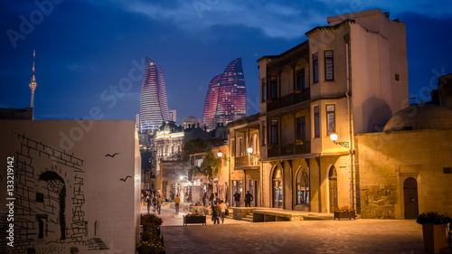 Baku, Azerbaijan - October 18, 2014: Panoramic view of Baku, from the old city looking at Flame Towers at night