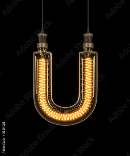 Alphabet U made of light bulb. 3D illustration