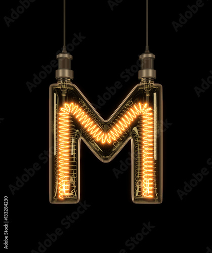 Alphabet M made of light bulb. 3D illustration