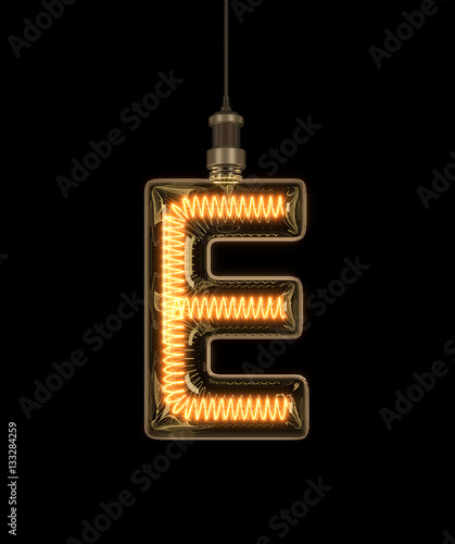 Alphabet E made of light bulb. 3D illustration