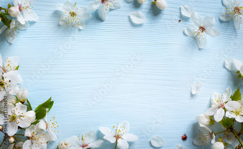 art spring background; fresh flower on blue background