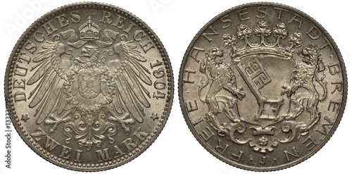Germany, German coin two mark 1904, Free City Bremen, imperial eagle with collar of the order and shield on breast, crown with ribbon on top, two lions holding shield with a big key on it, trees on to