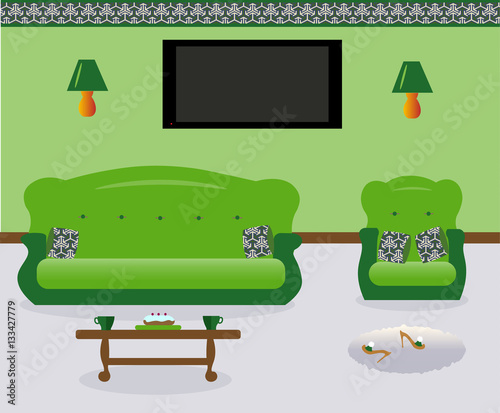 A living room with a coffee table.Lamps on the wall. A sofa and an armchair witn colored decorative pillows. Сarpet. Sexy cute slippers with high heels. Flat screen TV.Vector illustration. 