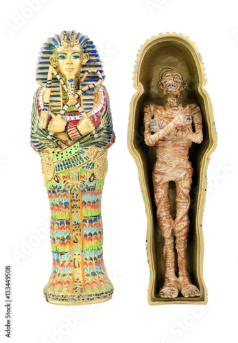 Toy model of Egyptian sarcophagus and mummy. Isolated.