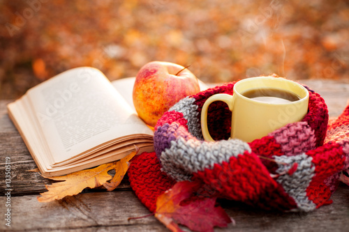 Open book and yellow tea mug with warm scarf and apple