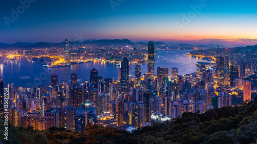 Panorama view before sunrise on Hong Kong Peak, Hong Kong