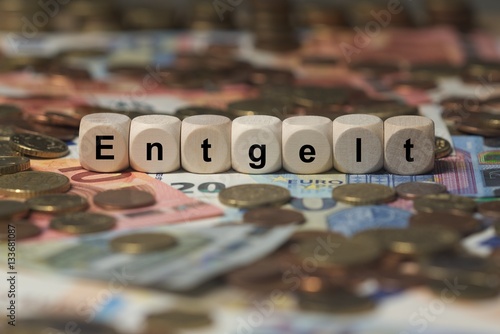 entgelt - Holzwürfel mit Buchstaben im Hintergrund mit Geld, Geldscheine