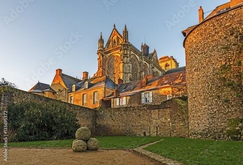 Saint Julian of Le Mans Cathedral in morning lights seen from the east, from Robert Triger Street, Pays de la Loire. 
