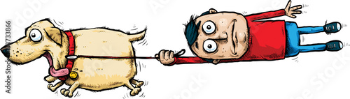 A cartoon man being pulled off of his feet by an excited, running pet dog.