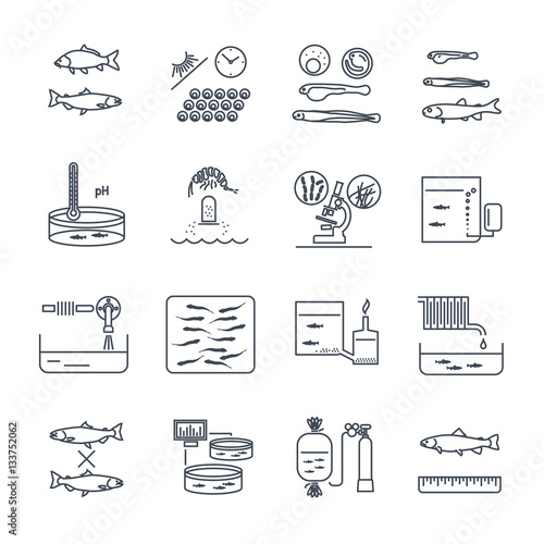 set of thin line icons aquaculture production process, fish farming