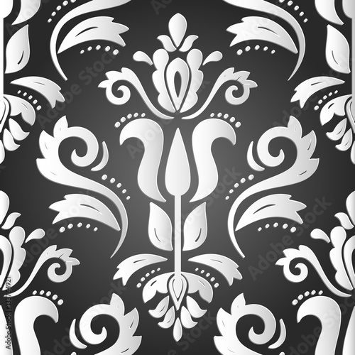 Seamless oriental black and white ornament. Fine vector traditional oriental pattern with 3D elements, shadows and highlights