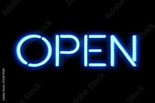 flickering blinking blue neon sign on black background, open shop bar sign