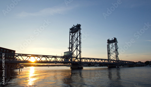 USA, Portsmouth, New Hampshire Bridge, Sunset