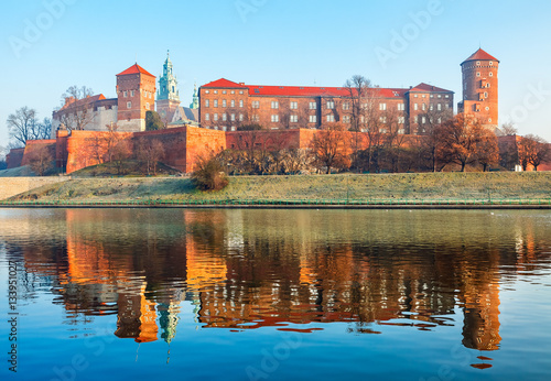 Wawel castle at Wisla river banks in Krakow old town Poland