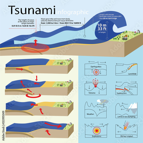 Инфографика показывает возникновение и развитие цунами, а также его классификация.