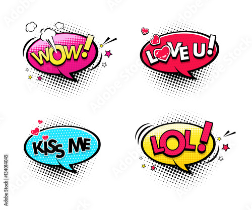 Comic speech bubbles set with different emotions and text Wow, Lol, Love you, Kiss me. Vector bright dynamic cartoon illustrations isolated on white background