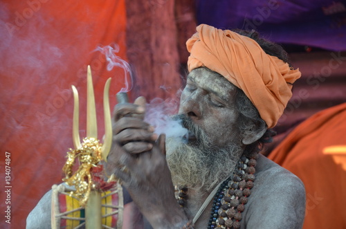 Hindu baba in gangasagar pilgrims camp, West Bengal.