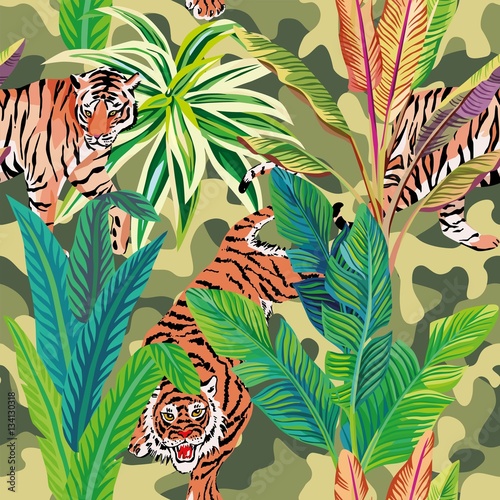 Tiger in the tropical jungle brown military background