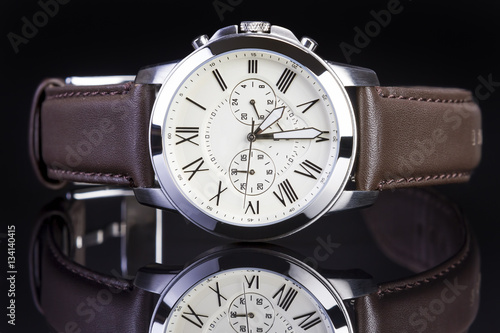 Men's watch with brown leather band