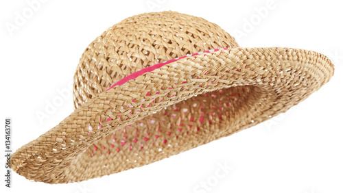 Side view of curved brim straw hat