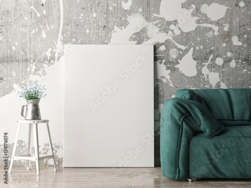 Mock up poster with green sofa, 3d illustration