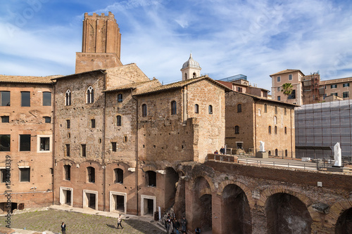 Rome, Italy. Tower (about 1200) and the ancient buildings, adjacent to the Trajan Market