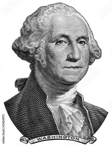 US President George Washington face on one USA dollar bill macro isolated, 1 usd, United States of America money closeup