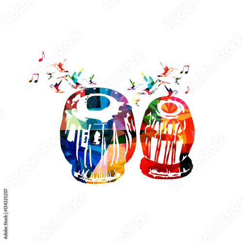 Colorful indian tabla with music notes and hummingbirds isolated. Music instrument background vector illustration. Design for poster, brochure, invitation, banner, flyer, concert and music festival