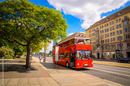 Classic red city sightseeing bus, Dresden, Saxony, Germany