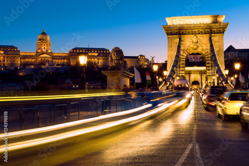 Evening traffic on Suspension Bridge in Budapest, toned image