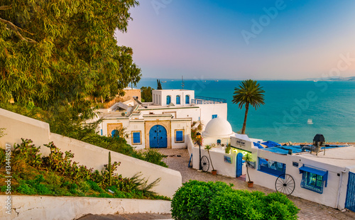 Sidi Bou Said, famouse village with traditional tunisian architecture. Shot an sunset.