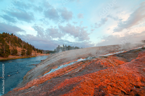 Firehole River flowing past the Midway Geyser Basin in Yellowstone National Park in Wyoming USA