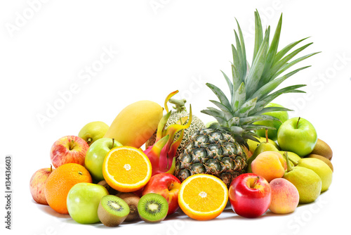 Group of ripe fruits for healthy and dieting, Various fresh fruits isolated on white background