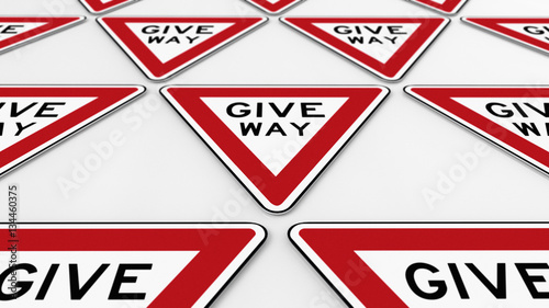 Orderer array of give way traffic signs. This image is a 3d illustration.