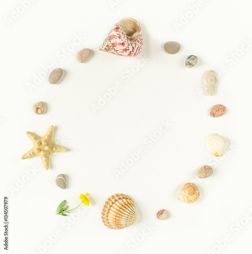 Summer background. Seashells, starfish, sea pebbles circle on white background