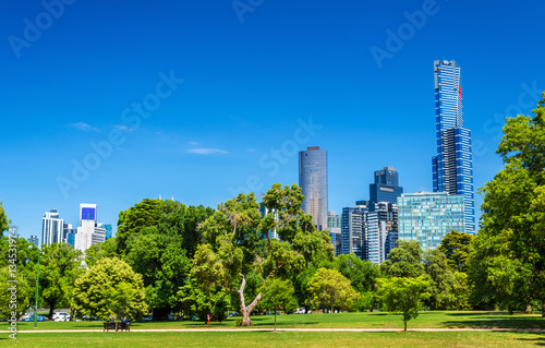 Cityscape of Melbourne from Kings Domain parklands - Australia