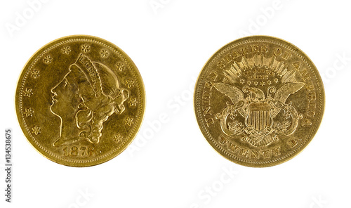 1876 heads and tails twenty dollar gold coin. Isolated.