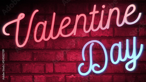flickering blinking red and blue neon sign on red love brick wall background, valentine day holiday event festive sign