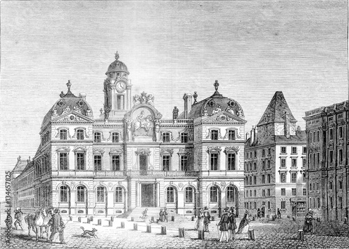 City Hall of Lyon, vintage engraving.