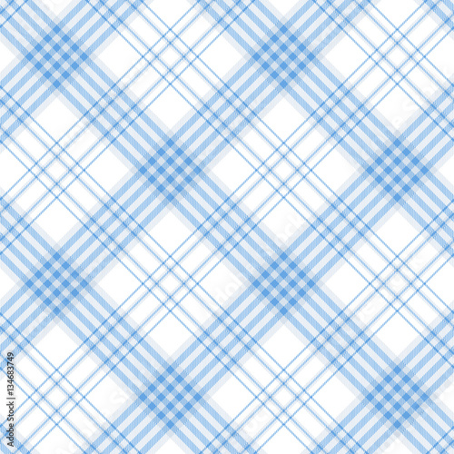 Seamless tartan plaid pattern in stripes of light blue on white background. Checkered twill fabric texture print. Vector swatch for digital textile printing.