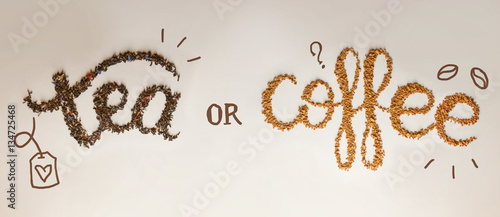 Tea or Coffee. written by tea brewing and instant coffee on white background. Healthy food concept, lettering