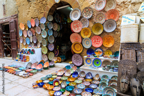 Colorful ceramic souvenirs on the street in a shop in Morocco