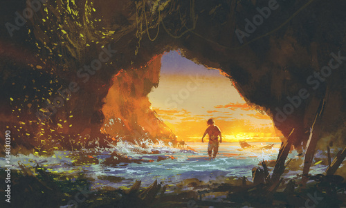 the man walking in the sea cave at sunset,illustration painting