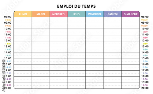 Emploi du temps semaine. jour et horaires en couleurs.