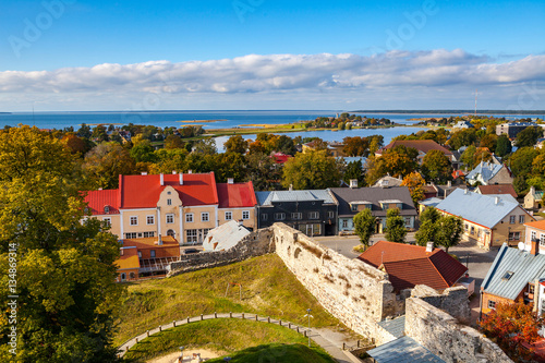 Panoramic view of small town Haapsalu from castle tower, coast of Baltic sea, Estonia